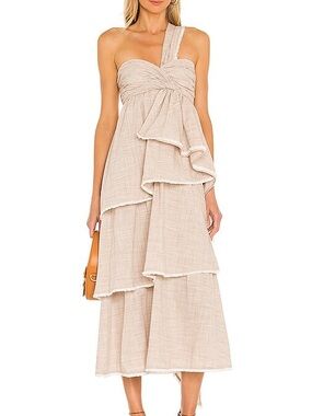 cinq a sept One-Shoulder Tiered Cream Midi Dress